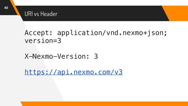 Accept: application/vnd.nexmo+json;
version=3
 
X-Nexmo-Version: 3
https://api.nexmo.com/v3
URI vs Header
40
