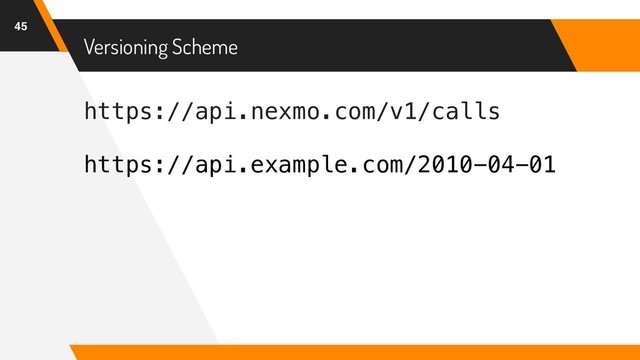 https://api.nexmo.com/v1/calls
https://api.example.com/2010-04-01
Versioning Scheme
45

