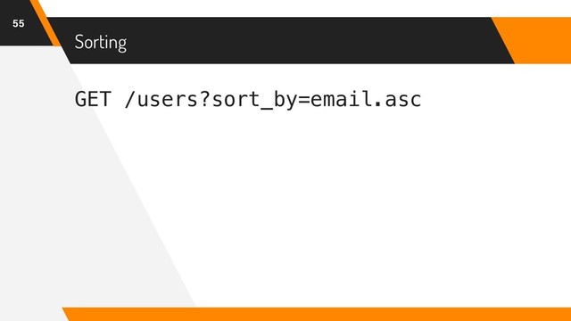 GET /users?sort_by=email.asc
Sorting
55
