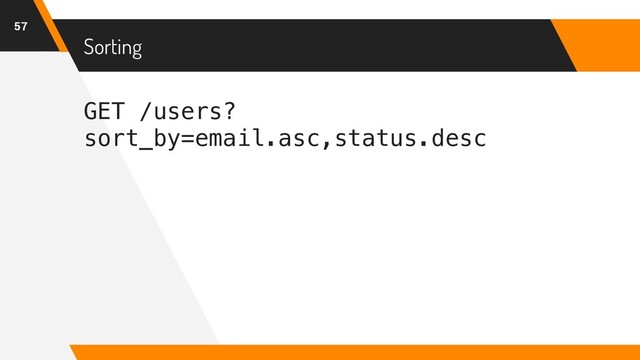 GET /users?
sort_by=email.asc,status.desc
Sorting
57
