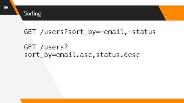 GET /users?sort_by=+email,-status
GET /users?
sort_by=email.asc,status.desc
Sorting
59
