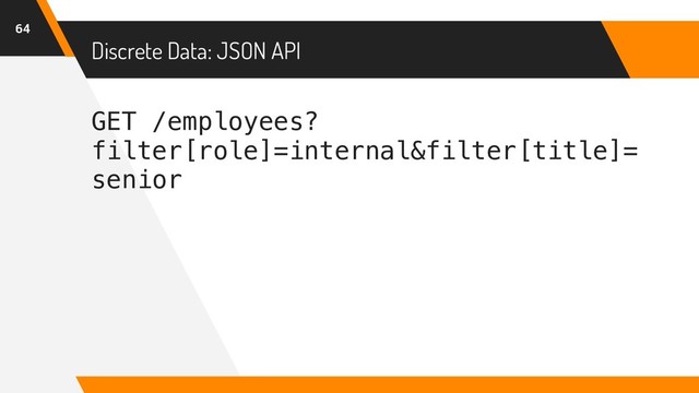 Discrete Data: JSON API
64
GET /employees?
filter[role]=internal&filter[title]=
senior

