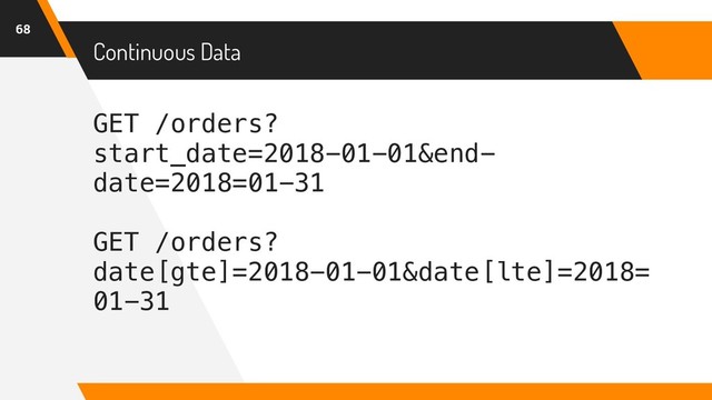 Continuous Data
68
GET /orders?
start_date=2018-01-01&end-
date=2018=01-31
GET /orders?
date[gte]=2018-01-01&date[lte]=2018=
01-31
