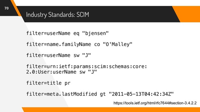 Industry Standards: SCIM
70
filter=userName eq "bjensen"
filter=name.familyName co "O'Malley"
filter=userName sw "J"
filter=urn:ietf:params:scim:schemas:core:
2.0:User:userName sw "J"
filter=title pr
filter=meta.lastModified gt "2011-05-13T04:42:34Z"
https://tools.ietf.org/html/rfc7644#section-3.4.2.2
