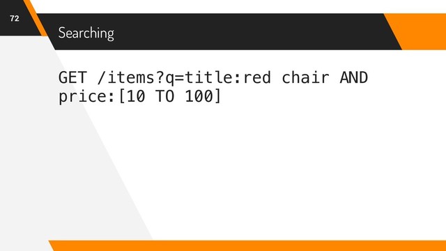 Searching
72
GET /items?q=title:red chair AND
price:[10 TO 100]
