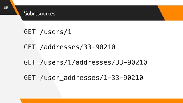GET /users/1
GET /addresses/33-90210
GET /users/1/addresses/33-90210
GET /user_addresses/1-33-90210
Subresources
85
