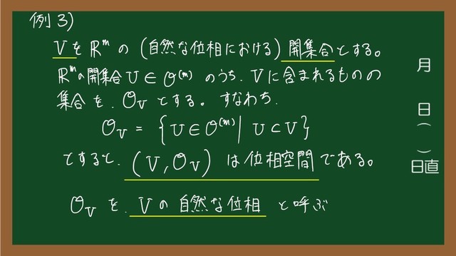 例 3 )
V を が の
( 自然 な 位相 における ) 開集合 と する
。
1
が の 開集合 VE O ( m ) の
うち
、
V に 含ま れる もの の
集合 を
_
Or と する
。
すなわち
、
Or =
{ VE O 川 ocv }
と する と
_
( V
、
Or ) は 位相 空間 で ある 。
G を
、
V の
自然 な 位相 と 呼ぶ
