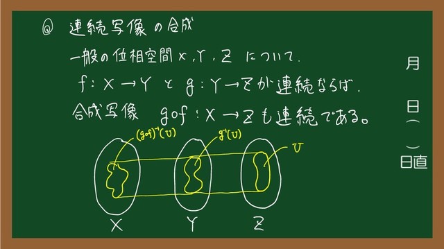 ⑧ 連続 写像 の
合成
一般 の
位相 空間 x
、
Y
、
Z に つい て
.
f : × → Y と g : Y い
Z が 連続 なら ば
、
合成 写像 g of ! X → Z も 連続 で ある
。
Ot
