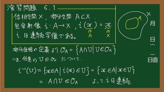 演習 問題 5.1
位相 空間 X
、
部分 空間 A CX
.
戀
欝
蟲
鱥
が鬱
"
部分 位相 の
定義 より
、
G =
{ An VIVE O ×
}
いま
、
任意 の で EG について
、
で ( で ) = 任
圳 で は ) EUJ 二
{ NEA は }
=
AN EOA よって
.
で は 連続
