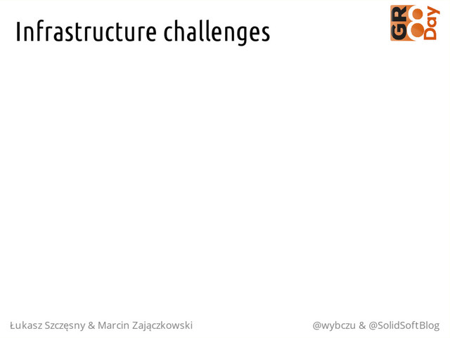 Infrastructure challenges
Łukasz Szczęsny & Marcin Zajączkowski @wybczu & @SolidSoftBlog
