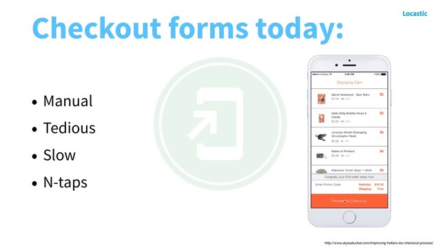 Checkout forms today:
• Manual
• Tedious
• Slow
• N-taps
http://www.alyssatucker.com/improving-hollars-ios-checkout-process/
