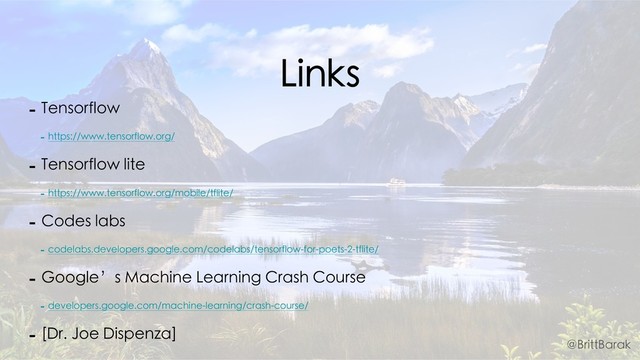 Links
- Tensorflow
- https://www.tensorflow.org/
- Tensorflow lite
- https://www.tensorflow.org/mobile/tflite/
- Codes labs
- codelabs.developers.google.com/codelabs/tensorflow-for-poets-2-tflite/
- Google’s Machine Learning Crash Course
- developers.google.com/machine-learning/crash-course/
- [Dr. Joe Dispenza]
@BrittBarak
