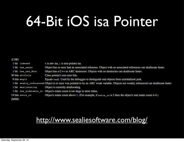 64-Bit iOS isa Pointer
http://www.sealiesoftware.com/blog/
Saturday, September 28, 13
