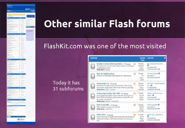 Other similar Flash forums
FlashKit.com was one of the most visited
Today it has
31 subforums
