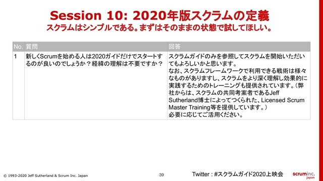 © 1993-2020 Jeff Sutherland & Scrum Inc. Japan
Session 10: 2020年版スクラムの定義
スクラムはシンプルである。まずはそのままの状態で試してほしい。
Twitter : #スクラムガイド2020上映会
No. 質問 回答
1 新しくScrumを始める人は2020ガイドだけでスタートす
るのが良いのでしょうか？経緯の理解は不要ですか？
スクラムガイドのみを参照してスクラムを開始いただい
てもよろしいかと思います。
なお、スクラムフレームワークで利用できる戦術は様々
なものがありますし、スクラムをより深く理解し効果的に
実践するためのトレーニングも提供されています。（弊
社からは、スクラムの共同考案者であるJeff
Sutherland博士によってつくられた、Licensed Scrum
Master Training等を提供しています。）
必要に応じてご活用ください。
