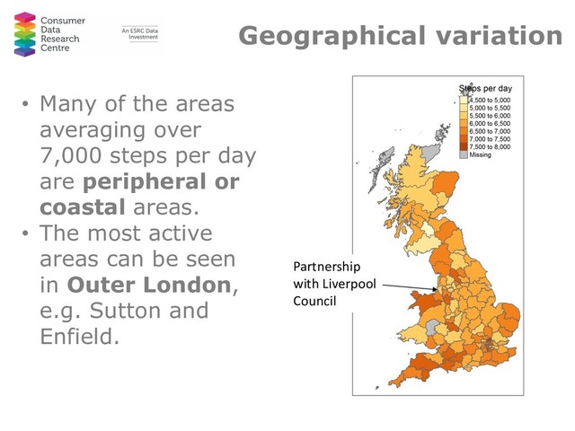 Geographical variation
• Many of the areas
averaging over
7,000 steps per day
are peripheral or
coastal areas.
• The most active
areas can be seen
in Outer London,
e.g. Sutton and
Enfield.
Partnership
with Liverpool
Council
