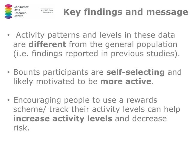 Key findings and message
• Activity patterns and levels in these data
are different from the general population
(i.e. findings reported in previous studies).
• Bounts participants are self-selecting and
likely motivated to be more active.
• Encouraging people to use a rewards
scheme/ track their activity levels can help
increase activity levels and decrease
risk.
