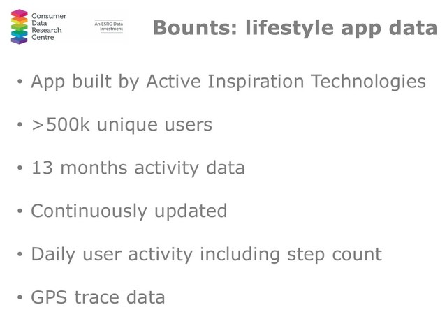 Bounts: lifestyle app data
• App built by Active Inspiration Technologies
• >500k unique users
• 13 months activity data
• Continuously updated
• Daily user activity including step count
• GPS trace data
