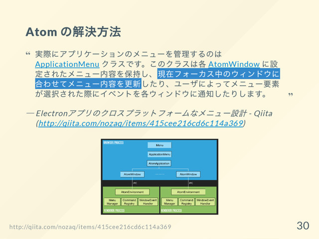 Atom
の解決方法
─ Electron
アプリのクロスプラットフォー
ムなメニュー
設計 - Qiita
(http://qiita.com/nozaq/items/415cee216cd6c114a369)
実際にアプリケー
ションのメニュー
を管理するのは
ApplicationMenu
クラスです。
このクラスは各 AtomWindow
に設
定されたメニュー
内容を保持し、
現在フォー
カス中のウィンドウに
合わせてメニュー
内容を更新したり、
ユー
ザによってメニュー
要素
が選択された際にイベントを各ウィンドウに通知したりします。
“
“
http://qiita.com/nozaq/items/415cee216cd6c114a369
30
