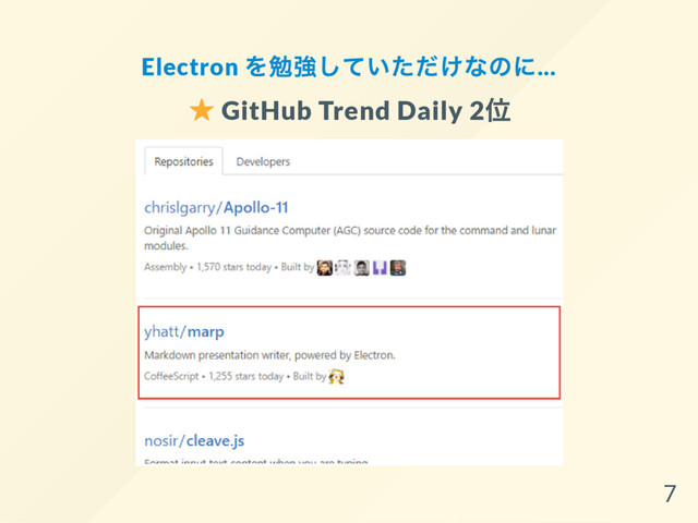 Electron
を勉強していただけなのに...
GitHub Trend Daily 2
位
7
