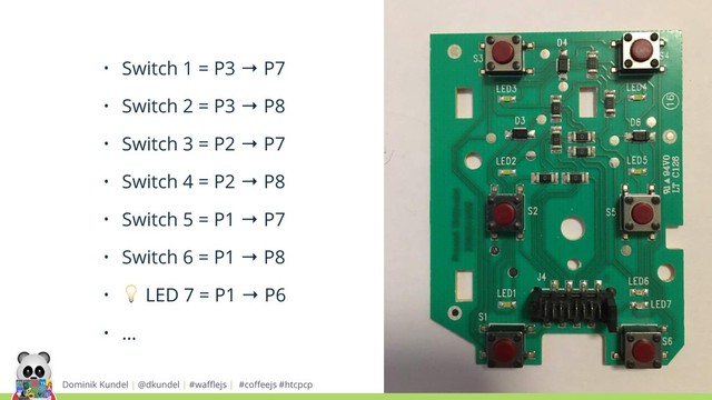 Dominik Kundel | @dkundel | #waﬄejs | #coﬀeejs #htcpcp
• Switch 1 = P3 → P7
• Switch 2 = P3 → P8
• Switch 3 = P2 → P7
• Switch 4 = P2 → P8
• Switch 5 = P1 → P7
• Switch 6 = P1 → P8
•  LED 7 = P1 → P6
• …
