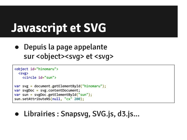 Javascript et SVG
● Depuis la page appelante
sur  et 
● Librairies : Snapsvg, SVG.js, d3.js...
