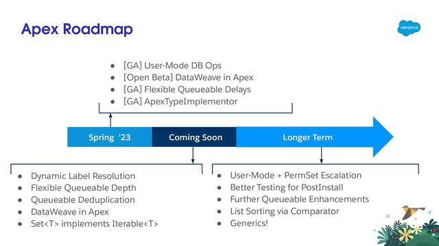 Apex Roadmap
Coming Soon Longer Term
Spring ’23
● [GA] User-Mode DB Ops
● [Open Beta] DataWeave in Apex
● [GA] Flexible Queueable Delays
● [GA] ApexTypeImplementor
● Dynamic Label Resolution
● Flexible Queueable Depth
● Queueable Deduplication
● DataWeave in Apex
● Set implements Iterable
● User-Mode + PermSet Escalation
● Better Testing for PostInstall
● Further Queueable Enhancements
● List Sorting via Comparator
● Generics!
