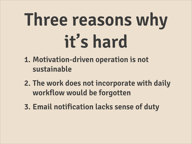 Three reasons why
it’s hard
1. Motivation-driven operation is not
sustainable
2. The work does not incorporate with daily
workflow would be forgotten
3. Email notification lacks sense of duty
