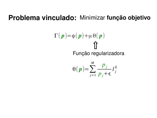 Γ( p)=ϕ( p)+μθ( p)
Função regularizadora
θ( p)=∑
j=1
M p
j
p
j
+ϵ
l
j
β
Problema vinculado: Minimizar função objetivo
