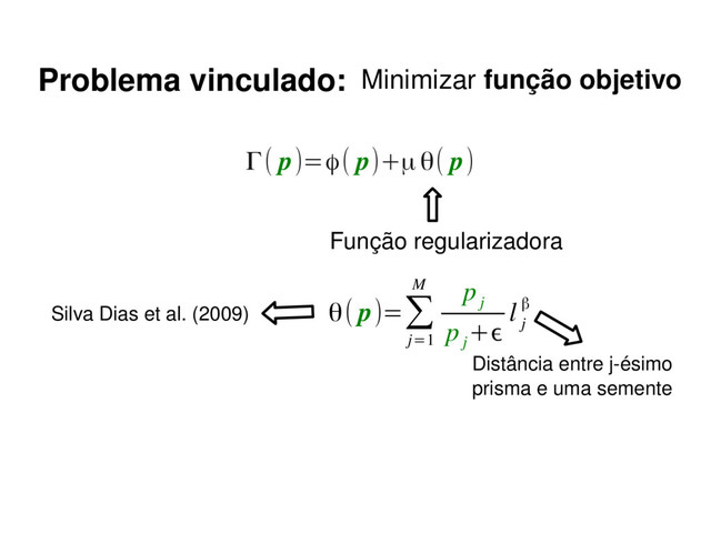 Γ( p)=ϕ( p)+μθ( p)
θ( p)=∑
j=1
M p
j
p
j
+ϵ
l
j
β
Silva Dias et al. (2009)
Problema vinculado: Minimizar função objetivo
Função regularizadora
Distância entre j­ésimo
prisma e uma semente
