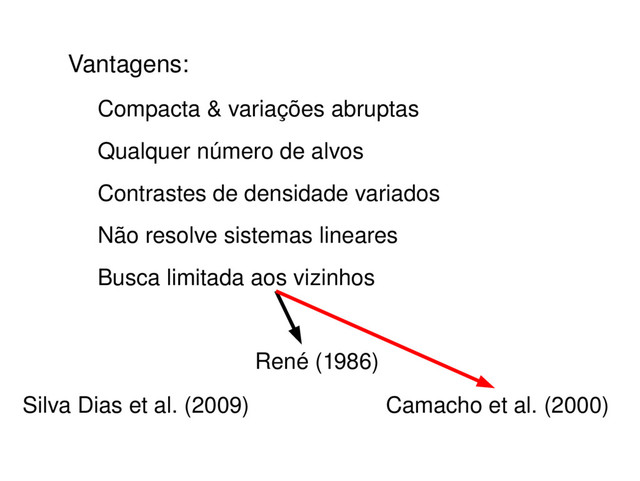 Vantagens:
Compacta & variações abruptas
Qualquer número de alvos
Contrastes de densidade variados
Não resolve sistemas lineares
Busca limitada aos vizinhos
Silva Dias et al. (2009)
René (1986)
Camacho et al. (2000)

