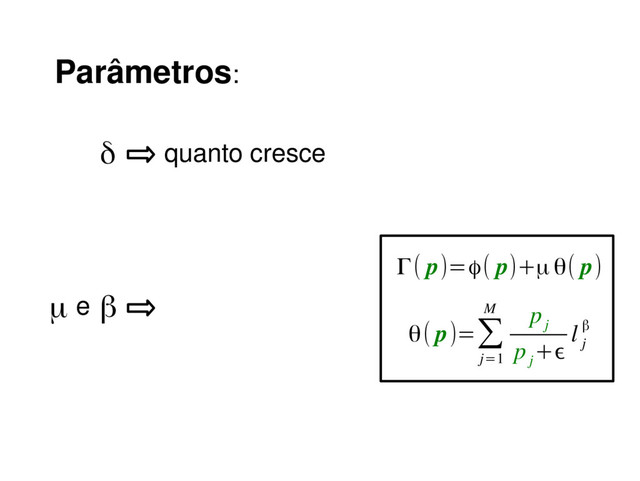 Parâmetros:
δ quanto cresce
β
Γ( p)=ϕ( p)+μ θ( p)
θ( p)=∑
j=1
M p
j
p
j
+ϵ
l
j
β
μ e
