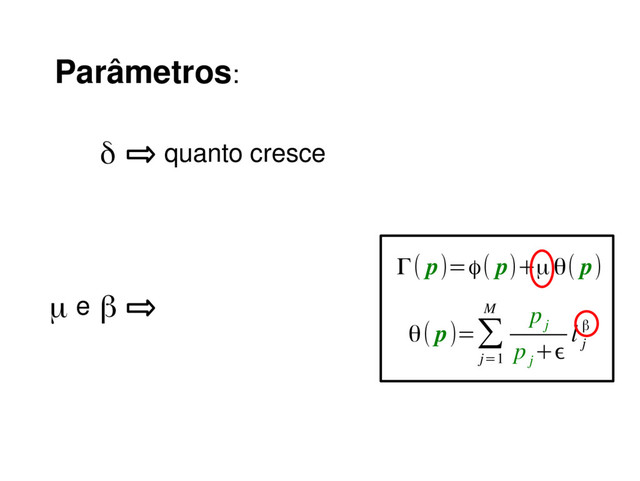 Parâmetros:
δ quanto cresce
β
Γ( p)=ϕ( p)+μ θ( p)
θ( p)=∑
j=1
M p
j
p
j
+ϵ
l
j
β
μ e
