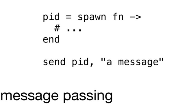 pid = spawn fn ->
# ...
end
send pid, "a message"
message passing
