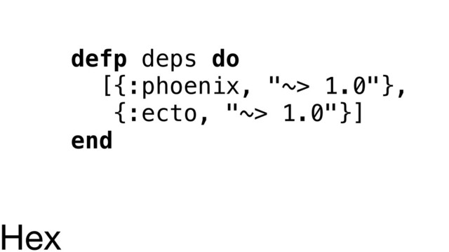 defp deps do
[{:phoenix, "~> 1.0"},
{:ecto, "~> 1.0"}]
end
Hex
