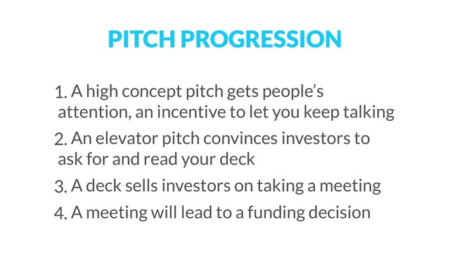 PITCH PROGRESSION
1. A high concept pitch gets people’s
attention, an incentive to let you keep talking
2. An elevator pitch convinces investors to
ask for and read your deck
3. A deck sells investors on taking a meeting
4. A meeting will lead to a funding decision
