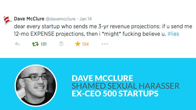 DAVE MCCLURE 
SHAMED SEXUAL HARASSER 
EX-CEO 500 STARTUPS
