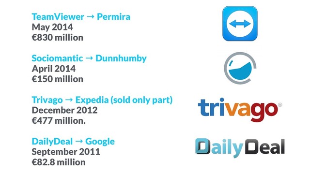 TeamViewer → Permira
May 2014
€830 million
Sociomantic → Dunnhumby
April 2014
€150 million
Trivago → Expedia (sold only part)
December 2012
€477 million.
DailyDeal → Google
September 2011
€82.8 million
