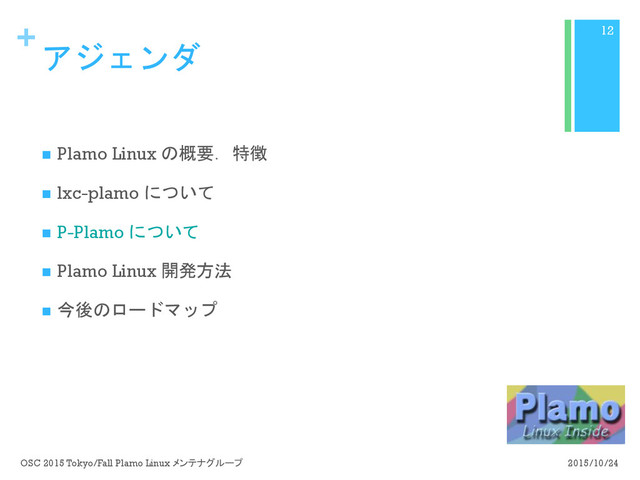 +
アジェンダ
n  Plamo Linux の概要．特徴
n  lxc-plamo について
n  P-Plamo について
n  Plamo Linux 開発方法
n  今後のロードマップ
2015/10/24
OSC 2015 Tokyo/Fall Plamo Linux メンテナグループ
12
