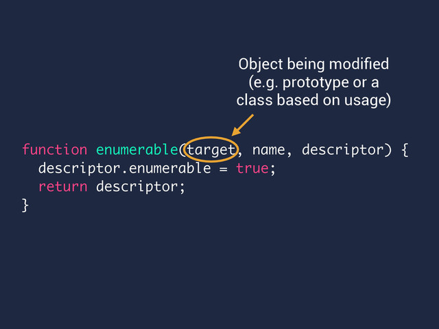 function enumerable(target, name, descriptor) {
descriptor.enumerable = true;
return descriptor;
}
Object being modiﬁed
(e.g. prototype or a
class based on usage)
