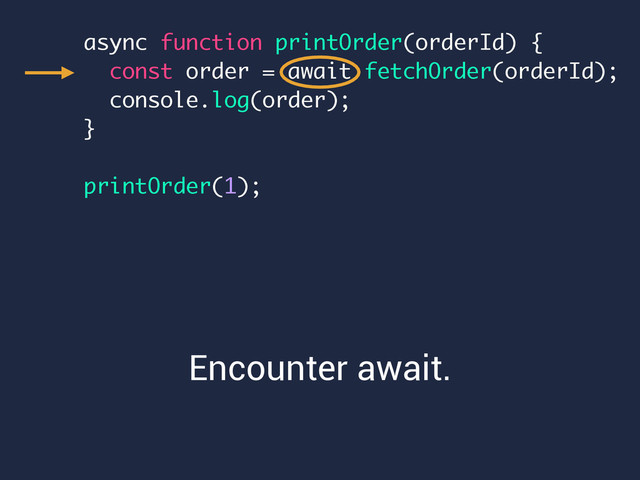 async function printOrder(orderId) {
const order = await fetchOrder(orderId);
console.log(order);
}
printOrder(1);
Encounter await.
