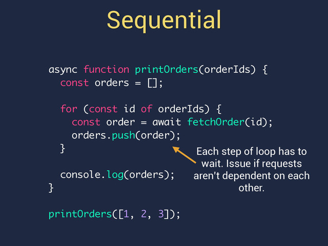 Sequential
async function printOrders(orderIds) {
const orders = [];
for (const id of orderIds) {
const order = await fetchOrder(id);
orders.push(order);
}
console.log(orders);
}
printOrders([1, 2, 3]);
Each step of loop has to
wait. Issue if requests
aren’t dependent on each
other.
