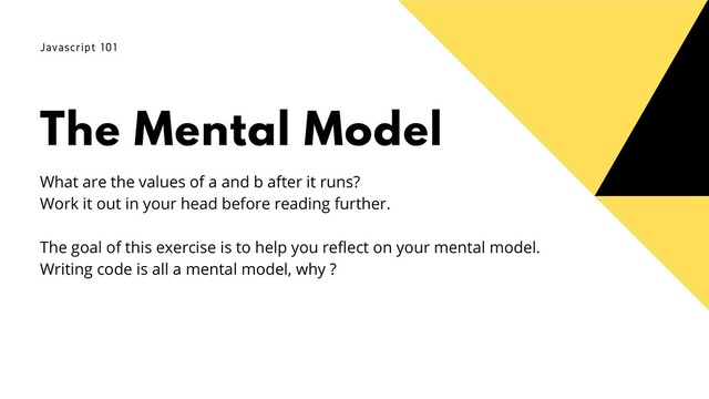 The Mental Model
Javascript 101
What are the values of a and b after it runs?
Work it out in your head before reading further.
The goal of this exercise is to help you reflect on your mental model.
Writing code is all a mental model, why ?
