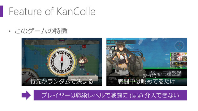 Feature of KanColle
• このゲームの特徴
行先がランダムで決まる
(祈って)
戦闘中は眺めてるだけ
プレイヤーは戦術レベルで戦闘に (ほぼ) 介入できない
