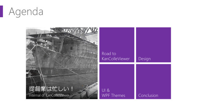 Agenda
デスクトップ アプリがこの先
生きのこるには
Road to
KanColleViewer
UI &
WPF Themes
Design
Conclusion
提督業は忙しい！
Internal of KanColleViewer
