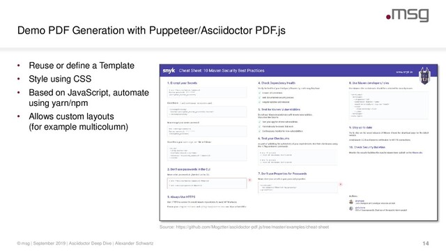 Source: https://github.com/Mogztter/asciidoctor-pdf.js/tree/master/examples/cheat-sheet
Demo PDF Generation with Puppeteer/Asciidoctor PDF.js
© msg | September 2019 | Asciidoctor Deep Dive | Alexander Schwartz 14
• Reuse or define a Template
• Style using CSS
• Based on JavaScript, automate
using yarn/npm
• Allows custom layouts
(for example multicolumn)
