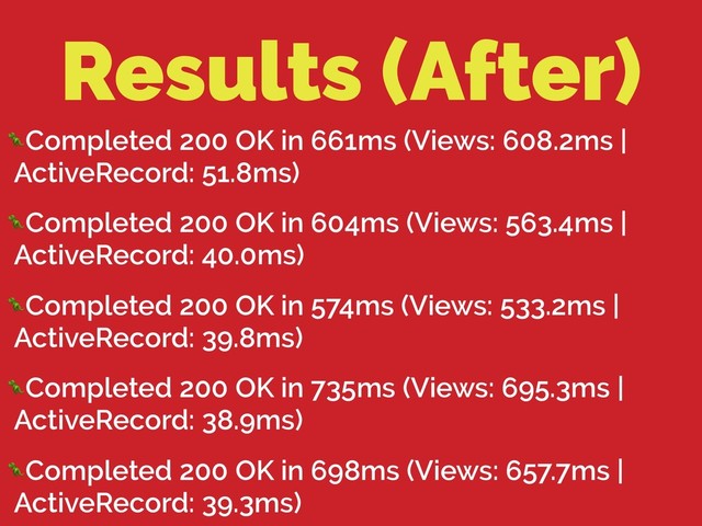 Results (After)
Completed 200 OK in 661ms (Views: 608.2ms |
ActiveRecord: 51.8ms)
Completed 200 OK in 604ms (Views: 563.4ms |
ActiveRecord: 40.0ms)
Completed 200 OK in 574ms (Views: 533.2ms |
ActiveRecord: 39.8ms)
Completed 200 OK in 735ms (Views: 695.3ms |
ActiveRecord: 38.9ms)
Completed 200 OK in 698ms (Views: 657.7ms |
ActiveRecord: 39.3ms)
