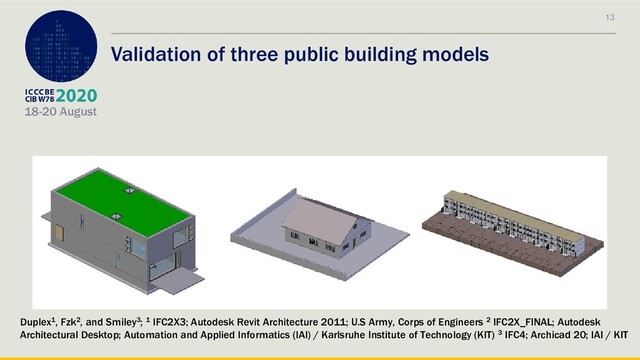 18-20 August
Validation of three public building models
13
Duplex1, Fzk2, and Smiley3; 1 IFC2X3; Autodesk Revit Architecture 2011; U.S Army, Corps of Engineers 2 IFC2X_FINAL; Autodesk
Architectural Desktop; Automation and Applied Informatics (IAI) / Karlsruhe Institute of Technology (KIT) 3 IFC4; Archicad 20; IAI / KIT
