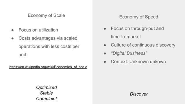 ● Focus on through-put and
time-to-market
● Culture of continuous discovery
● “Digital Business”
● Context: Unknown unkown
Discover
Optimized
Stable
Complaint
Economy of Speed
Economy of Scale
● Focus on utilization
● Costs advantages via scaled
operations with less costs per
unit
https://en.wikipedia.org/wiki/Economies_of_scale
