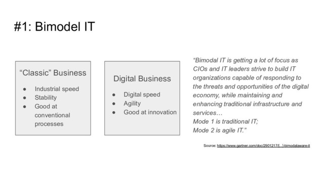 #1: Bimodel IT
“Bimodal IT is getting a lot of focus as
CIOs and IT leaders strive to build IT
organizations capable of responding to
the threats and opportunities of the digital
economy, while maintaining and
enhancing traditional infrastructure and
services…
Mode 1 is traditional IT;
Mode 2 is agile IT.”
Source: https://www.gartner.com/doc/2901217/[...]-bimodalaware-it
“Classic” Business
● Industrial speed
● Stability
● Good at
conventional
processes
Digital Business
● Digital speed
● Agility
● Good at innovation

